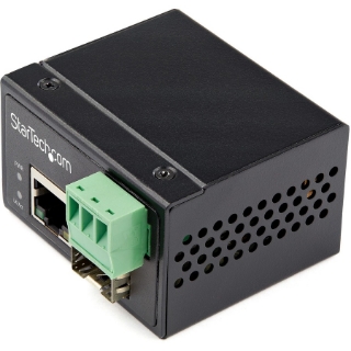 Picture of StarTech.com Industrial Fiber to Ethernet Media Converter - 100Mbps SFP to RJ45/CAT6 SM/MM - Fiber to Copper Network - IP-30 12V Input