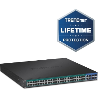 Picture of TRENDnet 52-Port Gigabit Web Smart PoE+ Switch, 48 Gigabit PoE+ Ports, 4 Shared Gigabit Ports (RJ-45 Or SFP), 370W PoE Power Budget, 104Gbps Switching Capacity, Lifetime Protection, Black, TPE-5240WS