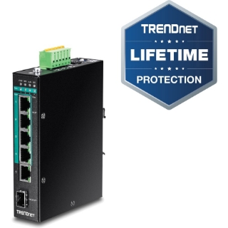 Picture of TRENDnet 6-Port Hardened Industrial Gigabit Poe+ Layer 2 Managed DIN-Rail Switch, 4 x Gigabit PoE+ 802.3at Ports, 1 x Gigabit Port, 1 x Gigabit SFP Slot, 120W Power Budget, Black, TI-PG541i