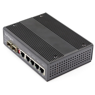 Picture of StarTech.com Industrial 6 Port Gigabit Ethernet Switch w/4 PoE RJ45 +2 SFP Slots 30W 802.3at PoE+ 12-48VDC 10/100/1000 Mbps -40C to 75C