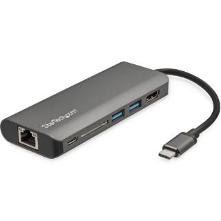 Picture of StarTech.com USB C Multiport Adapter - USB Type-C Travel Dock to 4K HDMI, 3x USB Hub, SD, GbE, 60W PD 3.0 Pass-Through - Mini Laptop Dock