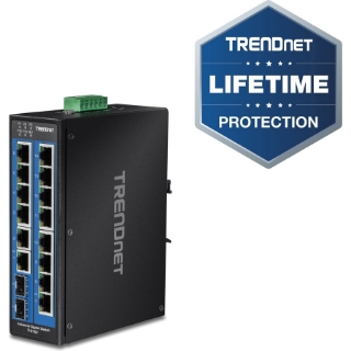 Picture of TRENDnet 16-Port Hardened Industrial Unmanaged Gigabit DIN-Rail Switch; TI-G162; 14 x Gigabit Ports; 2 x Gigabit SFP Slots;32Gbps Switching Capacity; IP30 Ethernet Network Switch; Lifetime Protection