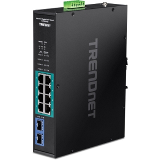 Picture of TRENDnet 10-Port Industrial Gigabit PoE+ Switch, Extreme Temperature Range -20&deg; - 65&deg;C (-4&deg; - 149&deg;F), DINRail Switch, 50-55V DC, 8 x Gigabit PoE+ Ports, 2 x Gigabit SFP Slots, TI-PGM102, Black