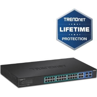 Picture of TRENDnet 28-Port Web Smart PoE+ Switch; 24 x Gigabit PoE+ Ports; 4 x Shared Gigabit Ports (RJ-45 or SFP); VLAN; QoS; LACP; IPv6 Support; 370W PoE Power Budget; Lifetime Protection; TPE-5028WS